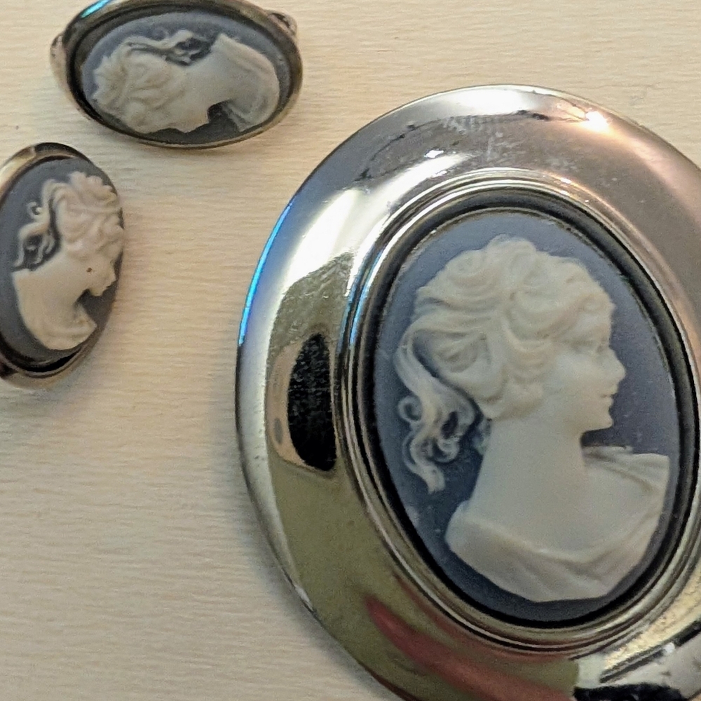 Unique Vintage Blue and Cream Cameo Brooch And Earrings - Picture 2 of 2